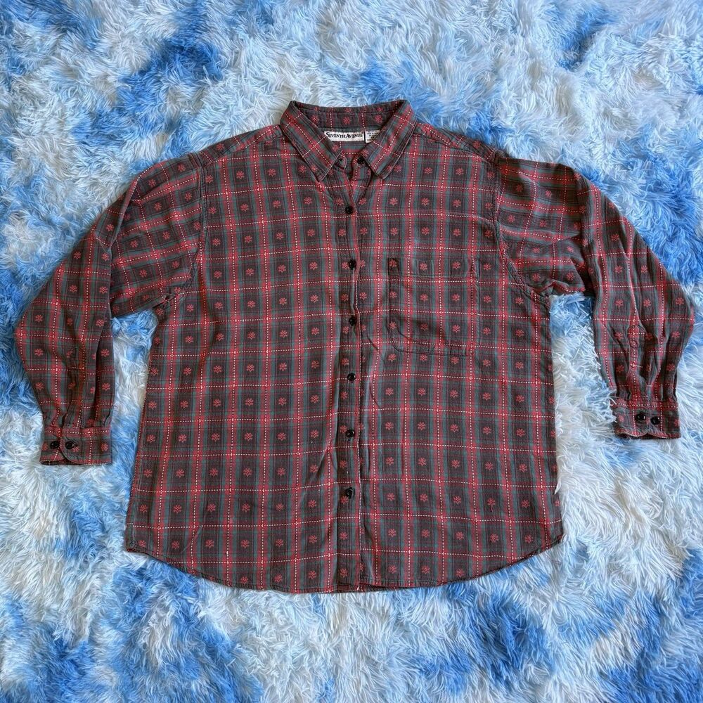 Vintage Seventh Avenue Plaid Floral Button Down Shirt Men’s 2X